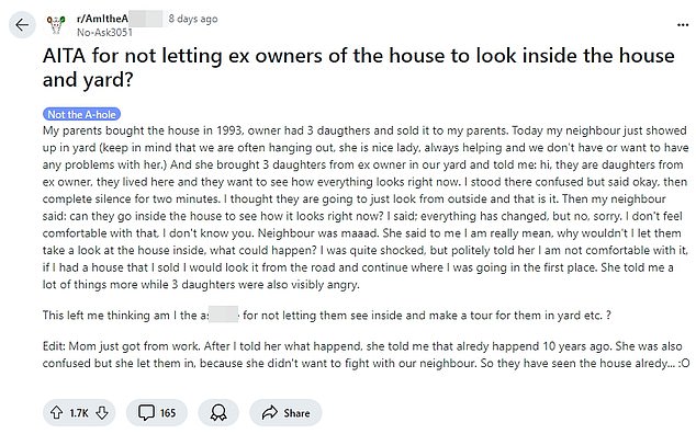 A woman has sparked a heated debate online after she refused to let the previous homeowners enter and view their former home (see photo from Reddit post)