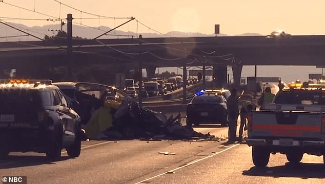 The horrific crash involved a large pickup truck driving the wrong way colliding with the pair's Tesla.