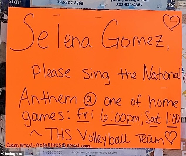 After Selena arrived in Telluride on Friday, the volleyball team put up signs asking that the superstar sing the national anthem at one of the [our] home games ~ THS Volleyball Team'