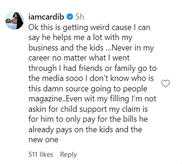 When celebrity blog The Jasmine Brand circulated the quote from the anonymous source, Cardi took to the site's Instagram comments to refute the information