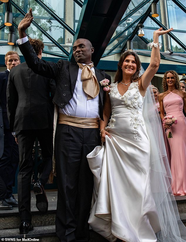 Princess Martha Louise of Norway and Sharman Durek Verrett greet the press and public outside Hotel Union in Gieranger after their wedding