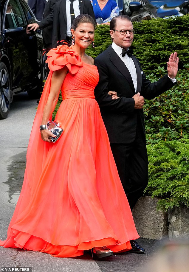 Swedish Crown Princess Victoria and Prince Daniel walk outside Hotel Union in Vinjevollen on the day of the wedding of Norwegian Princess Martha Louise and Durek Verrett