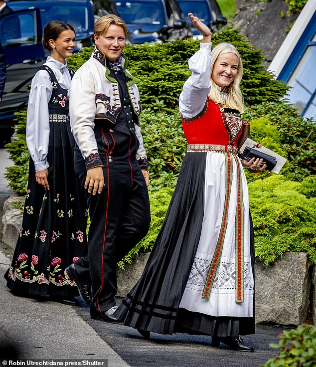 Crown Princess Mette-Marit, Prince Sverre Magnus and Amalie Giaever Macleod after the wedding of Durek Verrett and Princess Märtha Louise