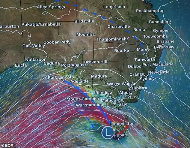 A cold front moves across parts of South Australia and Tasmania on Sunday evening, while Victoria is hit by devastating wind gusts of up to 130km/h (pictured)