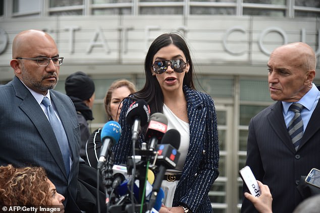 Coronel, who helped Guzman stage a dramatic escape from a Mexican prison in 2015, was a regular at her husband's trial in New York. (Pictured: She speaks outside a federal courthouse in New York in April 2018)