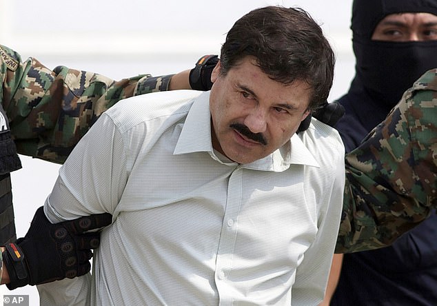 She married El Chapo in 2007, on her 18th birthday, and the two have been in a relationship ever since. (Pictured: El Chapo is escorted to a helicopter in Mexico City after his arrest in 2014)