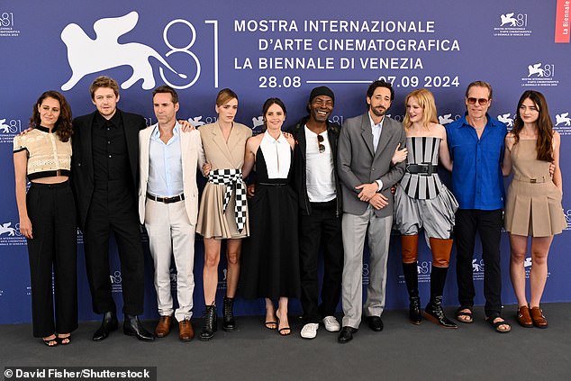 (L-R) Joe Alwyn, Alessandro Nivola, Stacy Martin, Felicity Jones, Isaach De Bankolé, Adrien Brody, Emma Laird, Guy Pearce and Raffey Cassidy