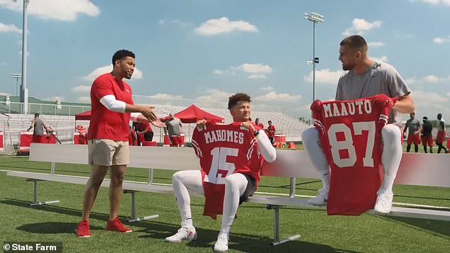 The three-time Super Bowl champion (far right) has also appeared in TV commercials for State Farm