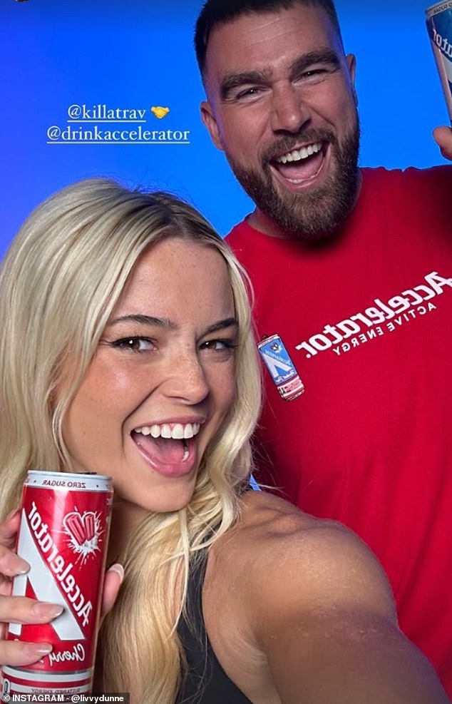 Earlier this summer, Kelce teamed up with college star Olivia Dunne in an 'Accelerator Energy' ad