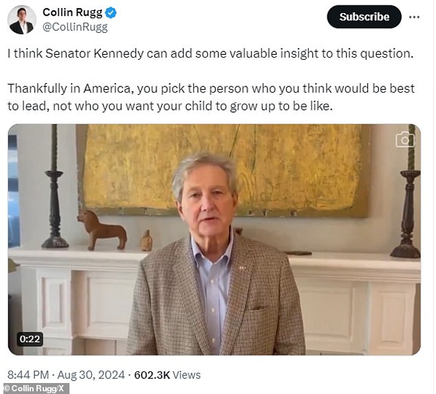 Collin Rugg, co-owner of Trending Politics, posted a video of Louisiana Senator John Kennedy in response to Cuban's post explaining why people don't have to personally love someone they vote for president