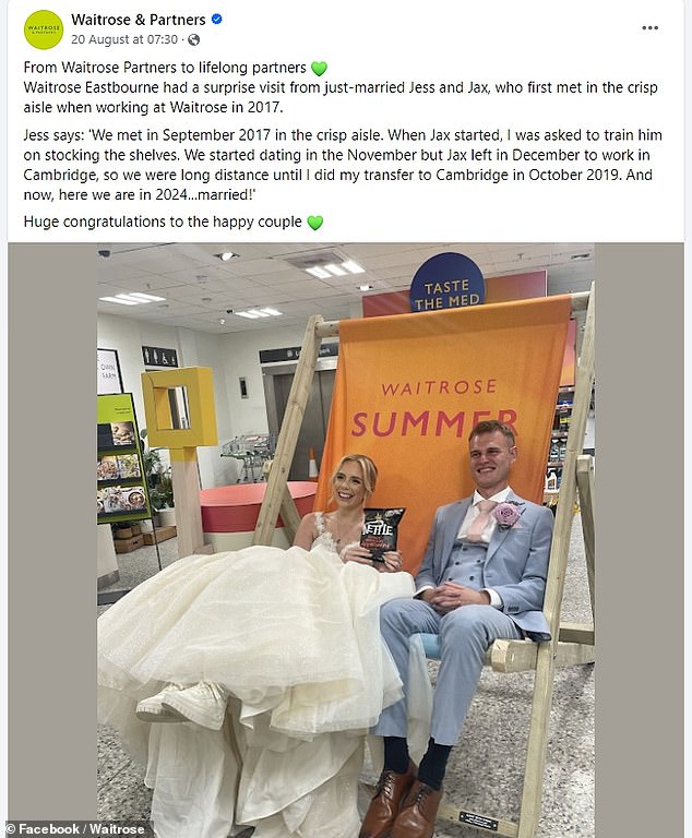 In a Facebook post that has garnered almost 8,000 likes, the supermarket wrote: 'From Waitrose Partners to lifelong partners, Waitrose Eastbourne received a surprise visit from newlyweds Jess and Jax, who first met in the fresh produce aisle when they worked at Waitrose in 2017.'