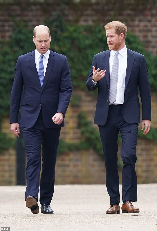 William and Harry, pictured in 2021, arrive at the unveiling of a statue commissioned by their mother Diana, Princess of Wales