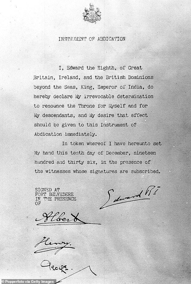 The abdication notice signed by Edward VIII at his home at Fort Belvedere. His brothers Albert, Henry and George also signed the document