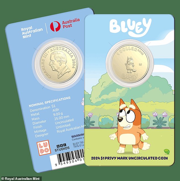 The new coins feature the characters Bluey, Bingo (pictured), Mum and Dad, Rad and Frisky, Muffin and Socks, and Stripe, Trixie and Nana.