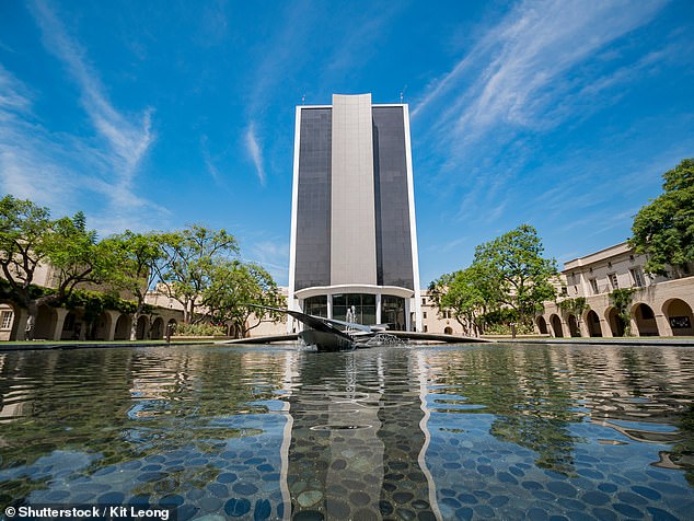 Exterior view of the Millikan Library on the Caltech campus in Los Angeles