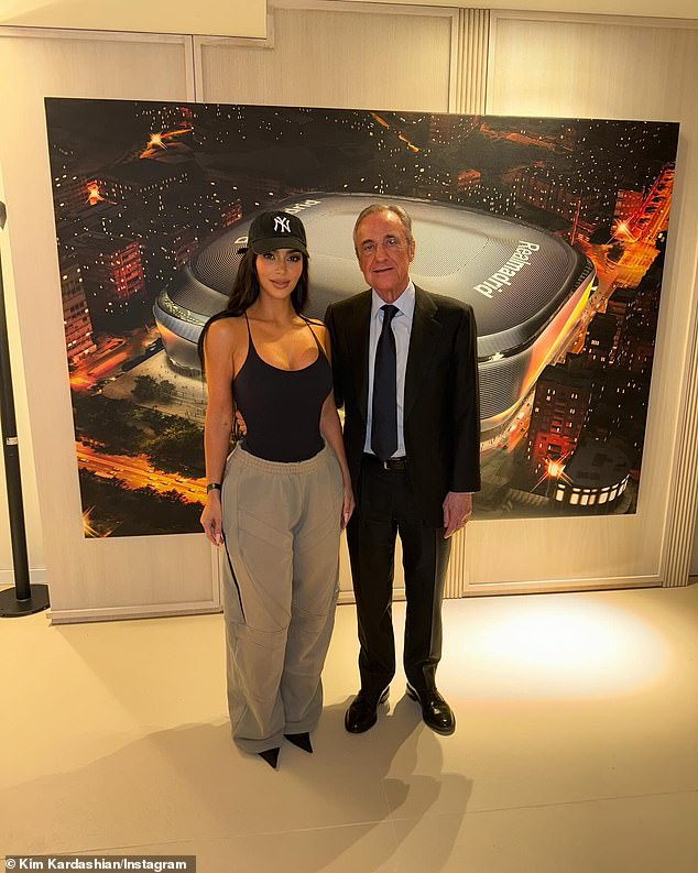 The founder of SKIMS posed for a snapshot and shared the photo of her with Florentino Pérez, the club president of Real Madrid