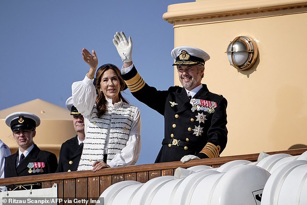 The royal couple arrives aboard the royal yacht Dannebrog in Roenne for their visit to the regional municipality of Bornholm, on the Danish island of Bornholm in the Baltic Sea, on August 19