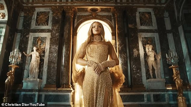 In the one-minute ad, the 36-year-old Bajan billionaire transformed into a golden goddess ruling over the Palace of Versailles, dressed in a corseted, glittering gown and stilettos selected by Dior creative director Maria Grazia Chiuri.