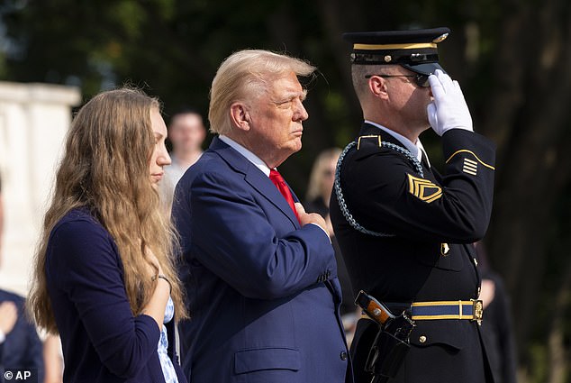 Trump is pictured at Arlington National Cemetery on Monday, August 26, during a ceremony honoring Sgt. Nicole Gee's sacrifice. After the visit, Trump's team posted a video to his TikTok featuring clips from his visit to the cemetery, which is considered sacred ground for the U.S. military