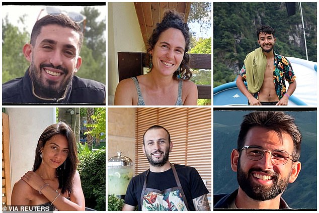 The military identified the hostages as (TL-R) Ori Danino, Carmel Gat, Hersh Goldberg-Polin, (BL-R) Eden Yerushalmi, Alexander Lobanov and Almog Sarusi