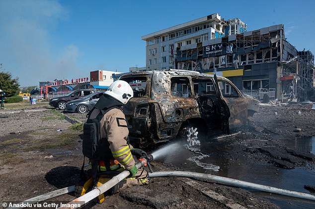 A view of the area after a Russian missile hit a shopping mall in Kharkiv, Ukraine on September 1.