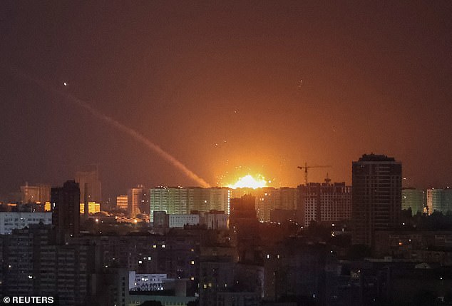 An explosion after a Russian missile attack is seen in the sky above the city during a Russian missile attack, amid Russia's attack on Ukraine, in Kiev, Ukraine, September 2, 2024