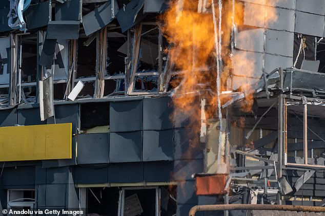 A view of the area after a Russian missile hit a shopping mall in Kharkiv, Ukraine on September 1.