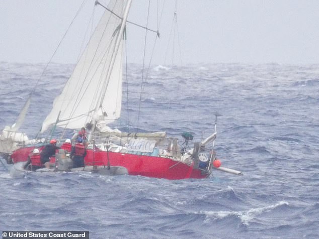 The French-flagged sailing ship Albroc is pictured during rescue operations in the Pacific Ocean on August 26, 2024. Authorities received a distress call from the 47-foot sailboat just after noon on August 24, informing them that the family was stranded