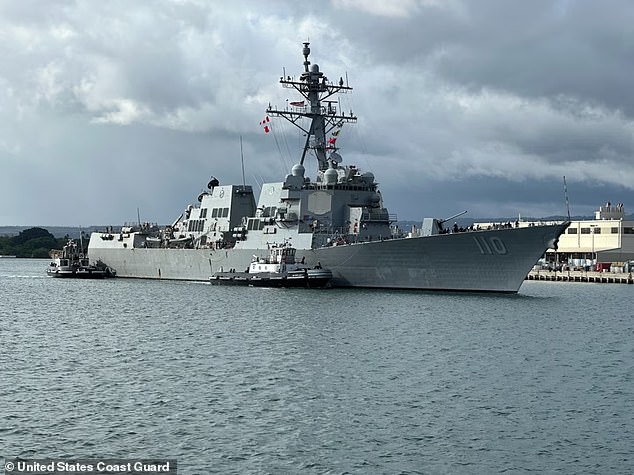 The USS William P. Lawrence (DDG 110), an Arleigh Burke-class guided-missile destroyer homeported in Honolulu, Hawaii, approaches the pier at Joint Base Pearl Harbor-Hickam after completing the rescue of a woman, a child and their pets on Aug. 28, 2024.