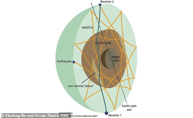 Researchers have discovered a region hundreds of kilometers thick and thousands of kilometers deep that wraps around the equator in a torus shape (labeled a 