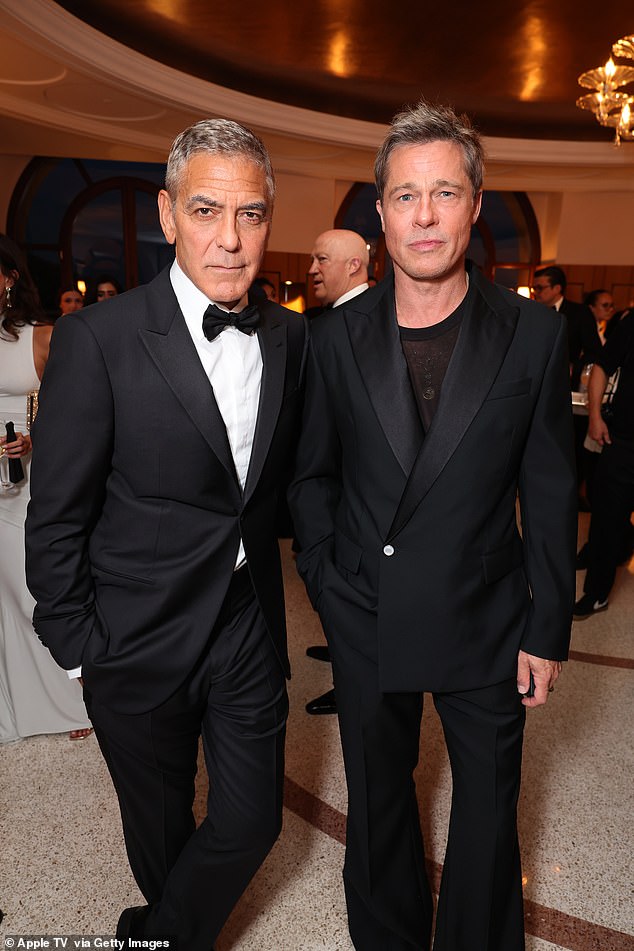 Unlike his co-star George Clooney, 63, who wore a classic black suit and bow tie, the 60-year-old actor decided to experiment with fashion with a custom-made Louis Vuitton suit