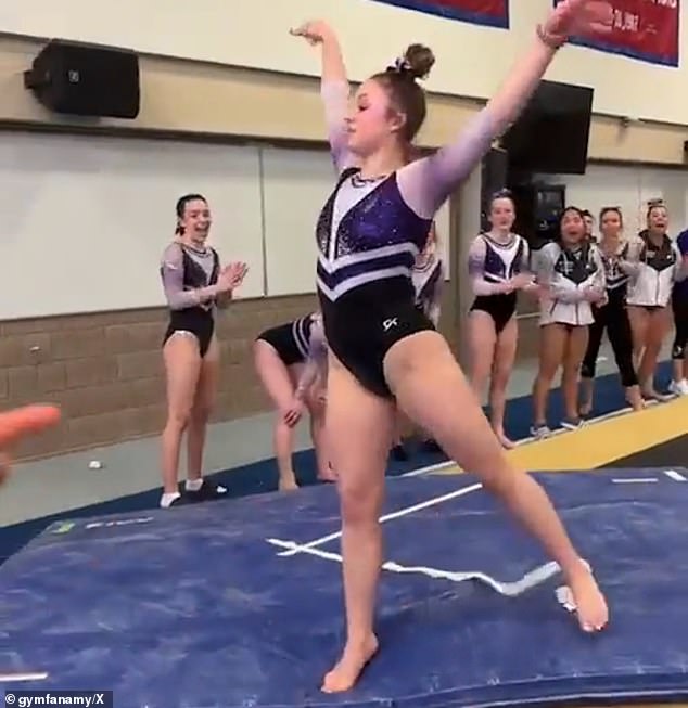 Welsh was a star athlete for her college, winning a national title on the vault her junior year. She also competed as a floor specialist (pictured)