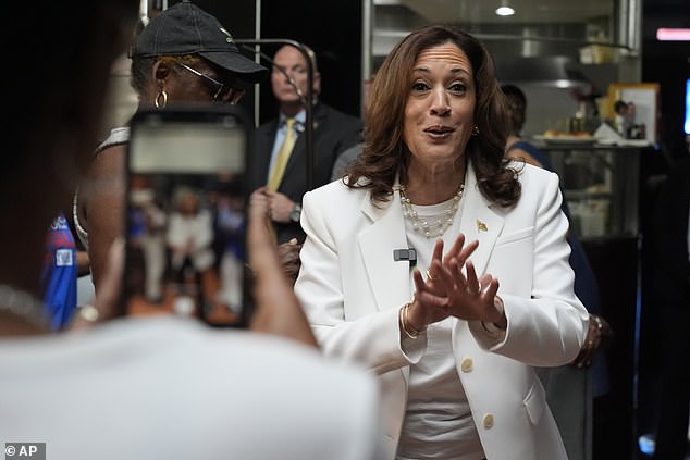 Democratic presidential candidate and Vice President Kamala Harris speaks during her visit to an event honoring volunteers at The Gray in downtown Savannah, Georgia.