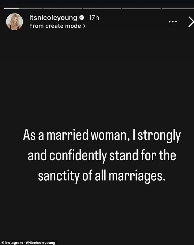 Nicole doubled down on the drama, declaring she stands for 'the sanctity of all marriages'