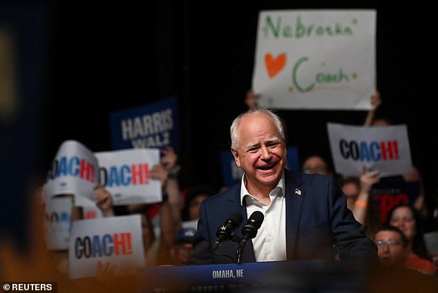 Democratic vice presidential candidate Tim Walz holds a campaign rally in Omaha, NE on August 17, 2024