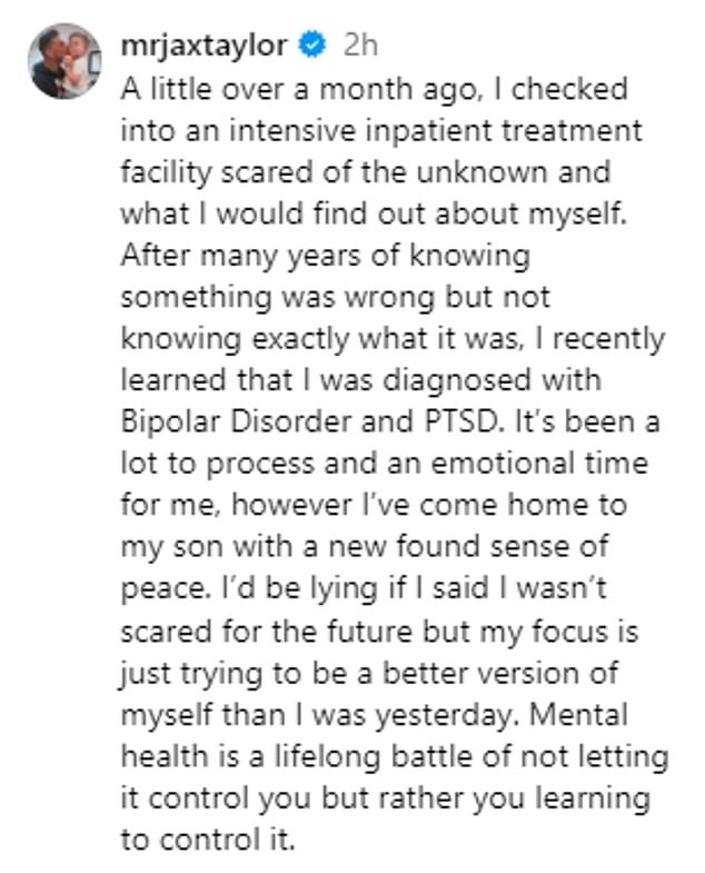 The 45-year-old reality star posted an emotional post on Instagram on Monday, revealing he has been diagnosed with bipolar disorder and PTSD