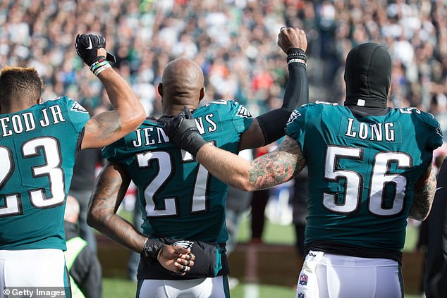 Malcolm Jenkins and two other players raised their right fists during the national anthem in 2017