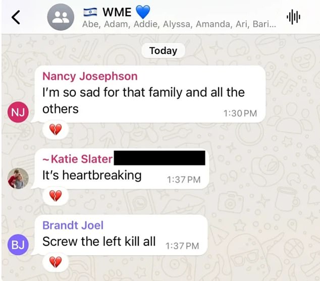 Brandt Joel, a senior leader at WME, is said to have written this post in a pro-Israel workplace WhatsApp group over the weekend but then deleted it