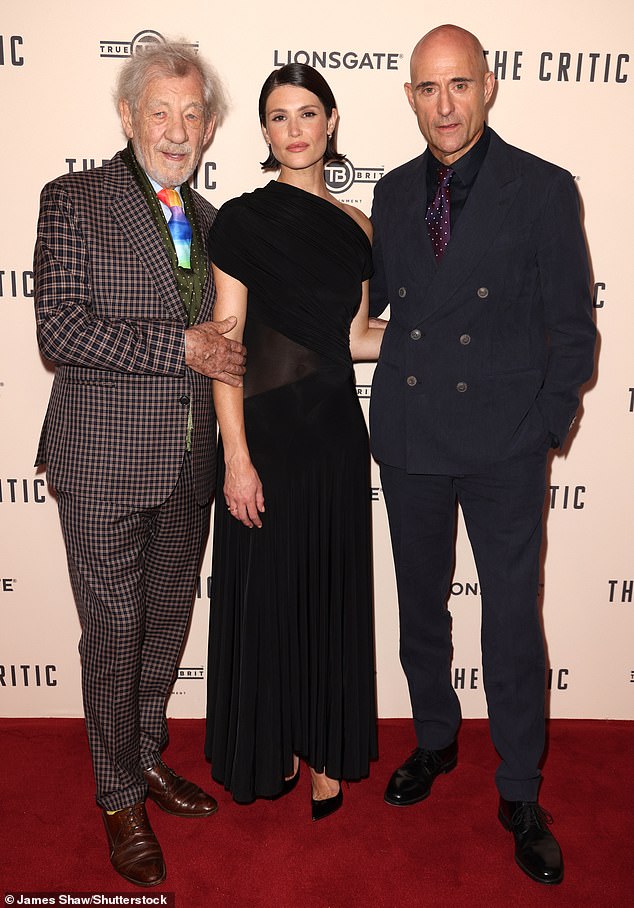 He was joined by co-stars Gemma Arterton and Mark Strong for the occasion, and the trio looked overjoyed (L-R: Gemma Arterton, Ian McKellen and Mark Strong)