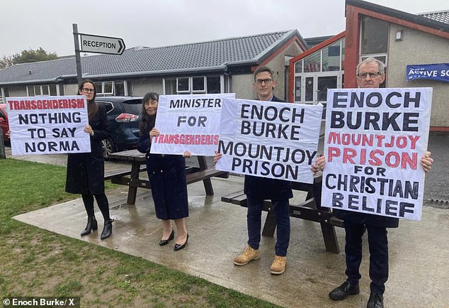 Enoch Burke's mother, father, sister and brother protested outside Ballinrobe Community School in November on the day the school was visited by Education Minister Norma Foley.