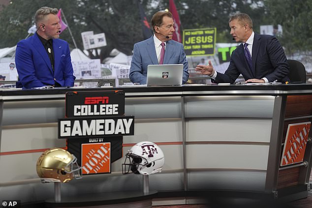 From left to right, Pat McAfee, Nick Saban and Kirk Herbstreit talk about ESPN College Gameday