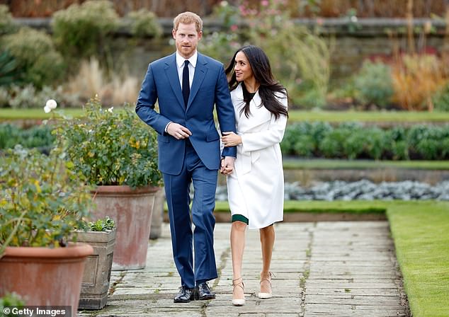 Harry and Meghan during an official photo call to announce their engagement at The Sunken Gardens, Kensington Palace, in November 2017