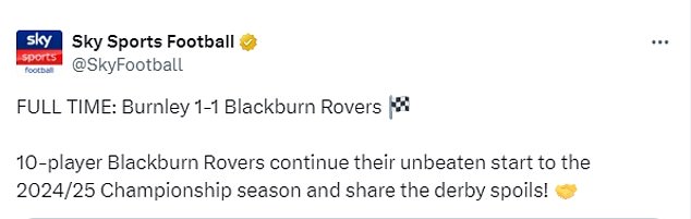 Sky Sports shared a post on social media regarding the '10 player' Blackburn Rovers