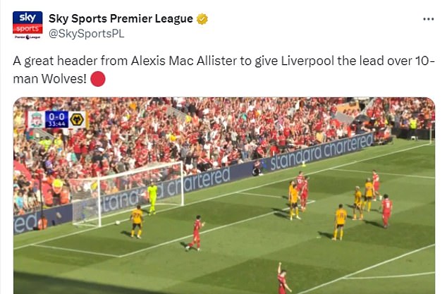 Sky Sports used '10-man' in a report about Liverpool taking the lead against Wolves in May