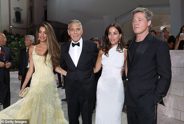 It was a double date night, as Brad's longtime friend and co-star George Clooney, 63, attended the event with his wife Amal, 46, an international human rights lawyer, who turned heads in a glamorous yellow dress