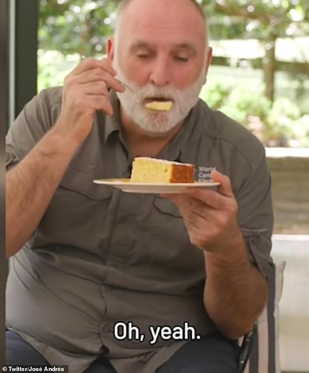 The chef formed such a close bond with the Sussexes that Meghan donated her signature recipe for lemon oil cake to Andrés' charity cookbook early last year (pictured: the chef tasting the cake)