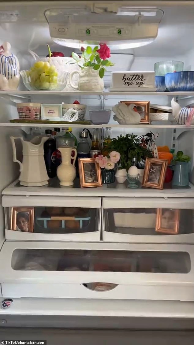 Some users have used Bridgerton as inspiration for their fridge design, filling the space with ceramic bowls to store food, wicker baskets with fruits and vegetables, and small model figurines.