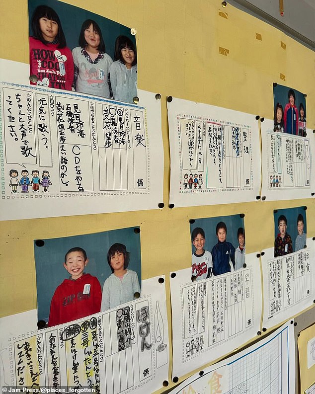 Pictures of former students and homework still hang on the walls of the school