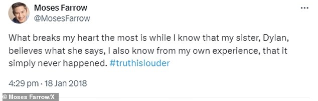 And while Dylan, 39, stands behind the allegations, her 46-year-old brother Moses publicly denied she was ever abused and alleged Mia abused him in a 2018 WordPress post