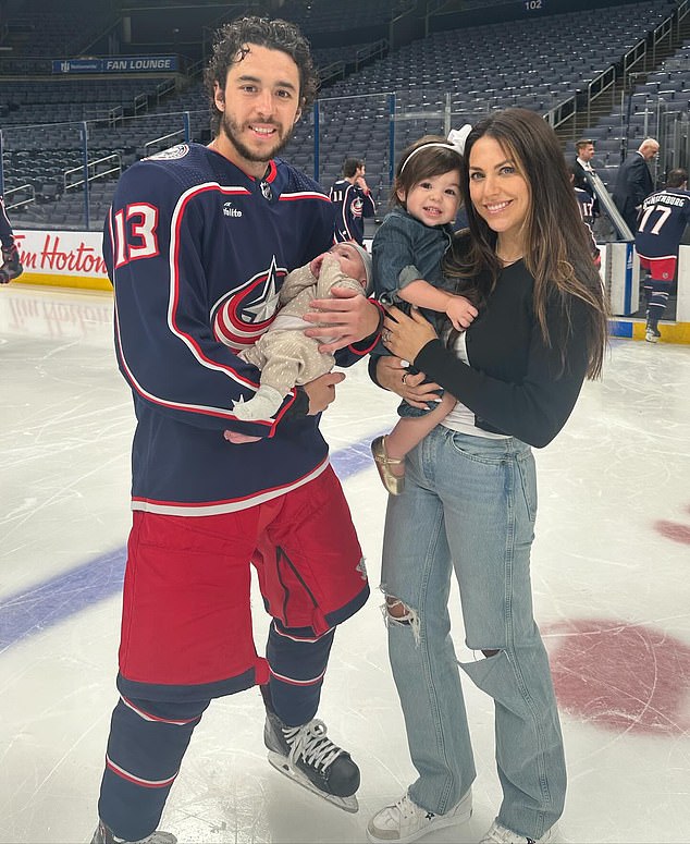 Gaudreau, 31 (pictured with his wife Meredith and their two children) and his younger brother Matthew, 29, were killed last Thursday after being struck by a car while cycling in New Jersey.